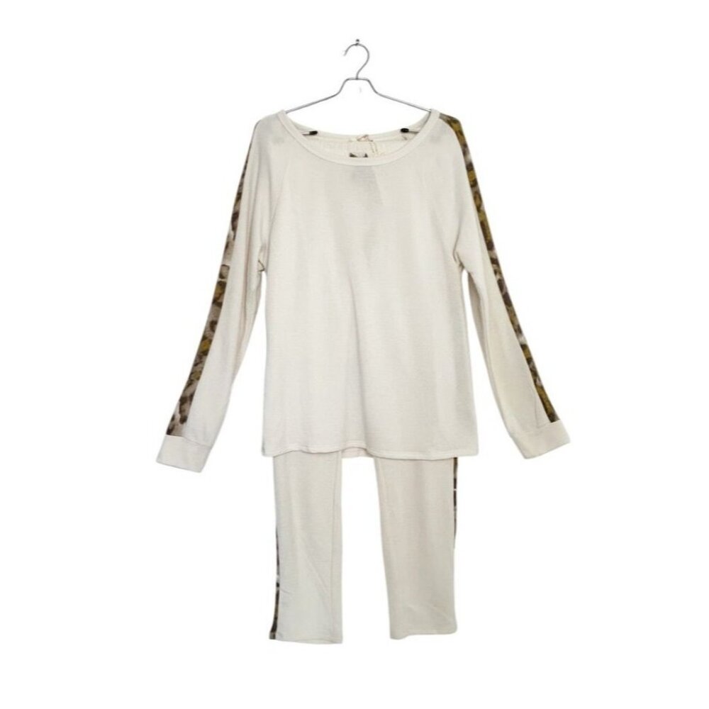 Mystree Women's Leopard Print Stripe Jogger Set in Cream / Brown - Sz M - New